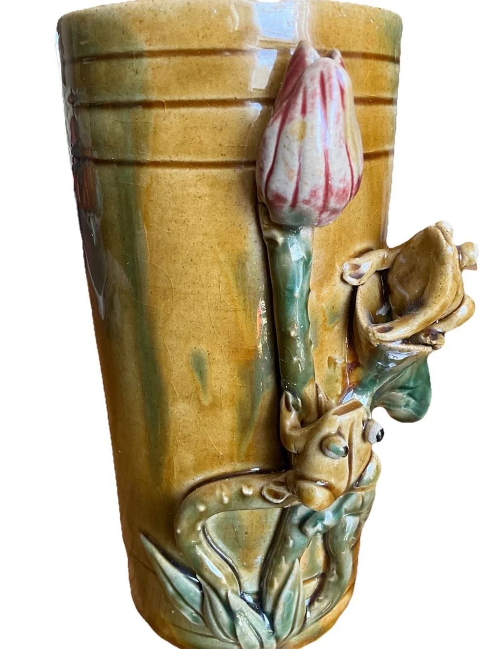 Vintage Art Pottery Majolica Style Vase Bamboo Frogs Lilly Pad Signed 8.5”